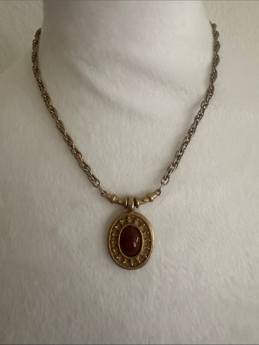 Gold-Tone Pendant Necklace with Brown Cabochon